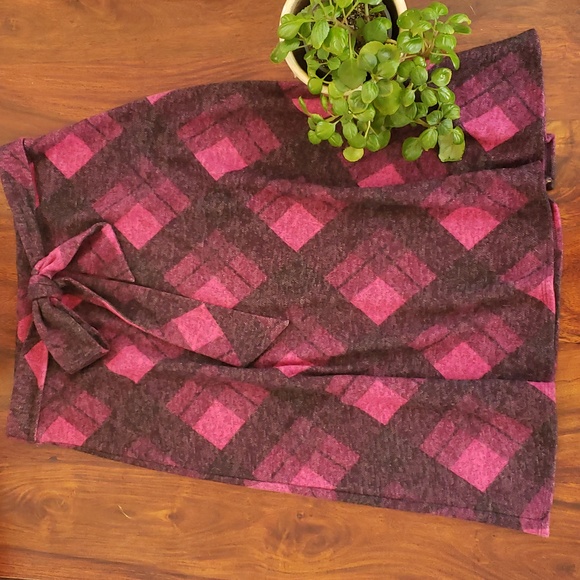 Vintage Plaid Midi Skirt Magenta Black Belted Tie Waist - Picture 9 of 10